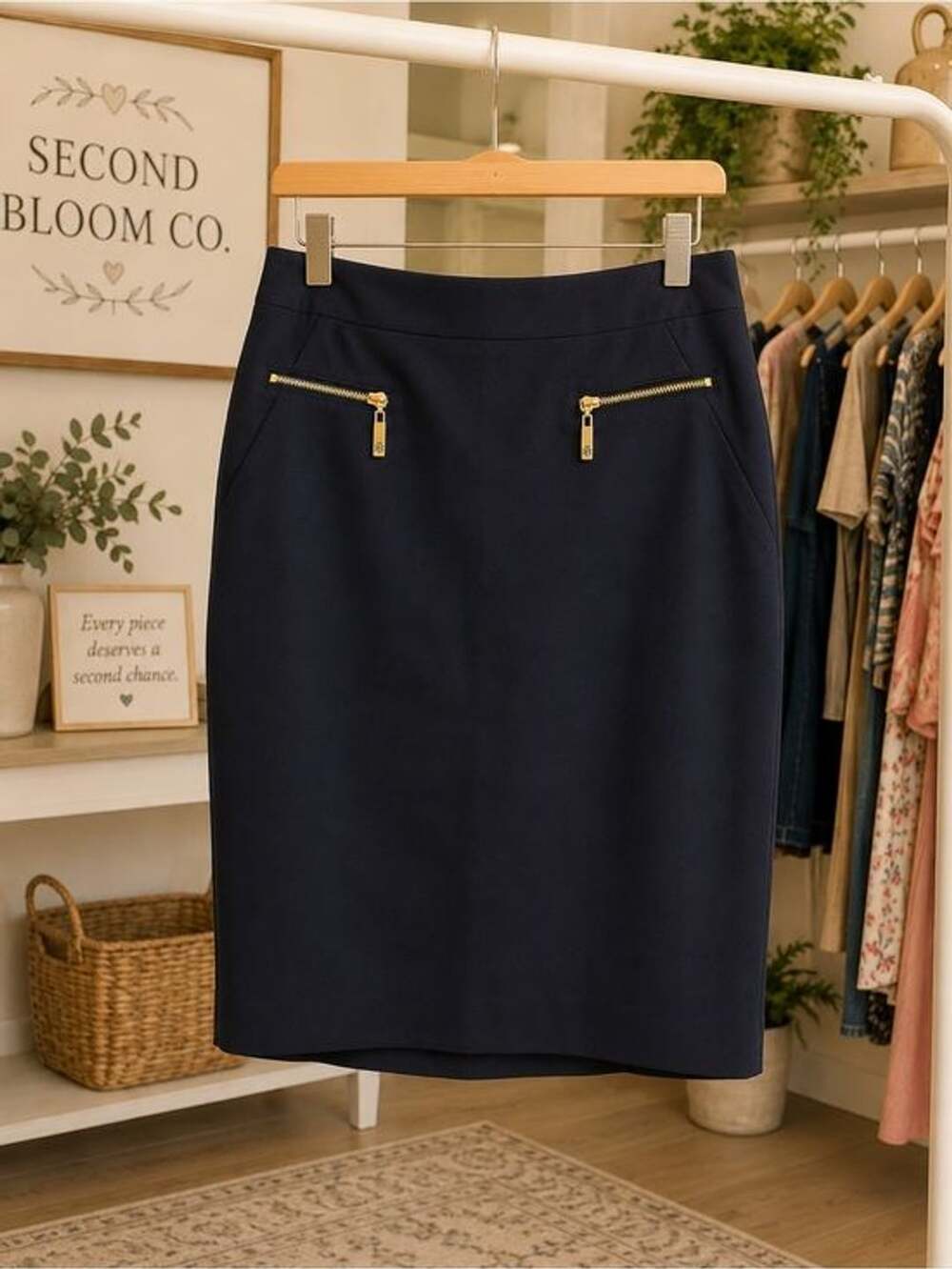 Tommy Hilfiger Navy Pencil Skirt Gold Zip Pockets Size 0